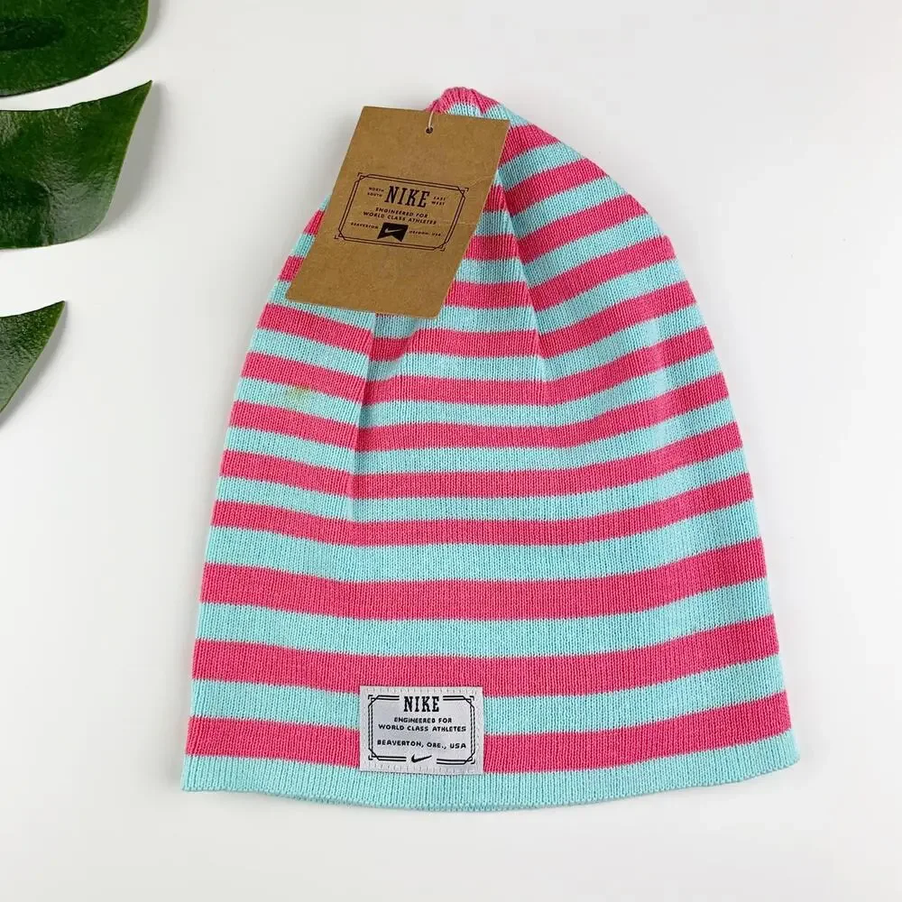 Bundle Lot New Nike Beanies Pink Blue Stripe Cotton Knit Kids Youth One Size